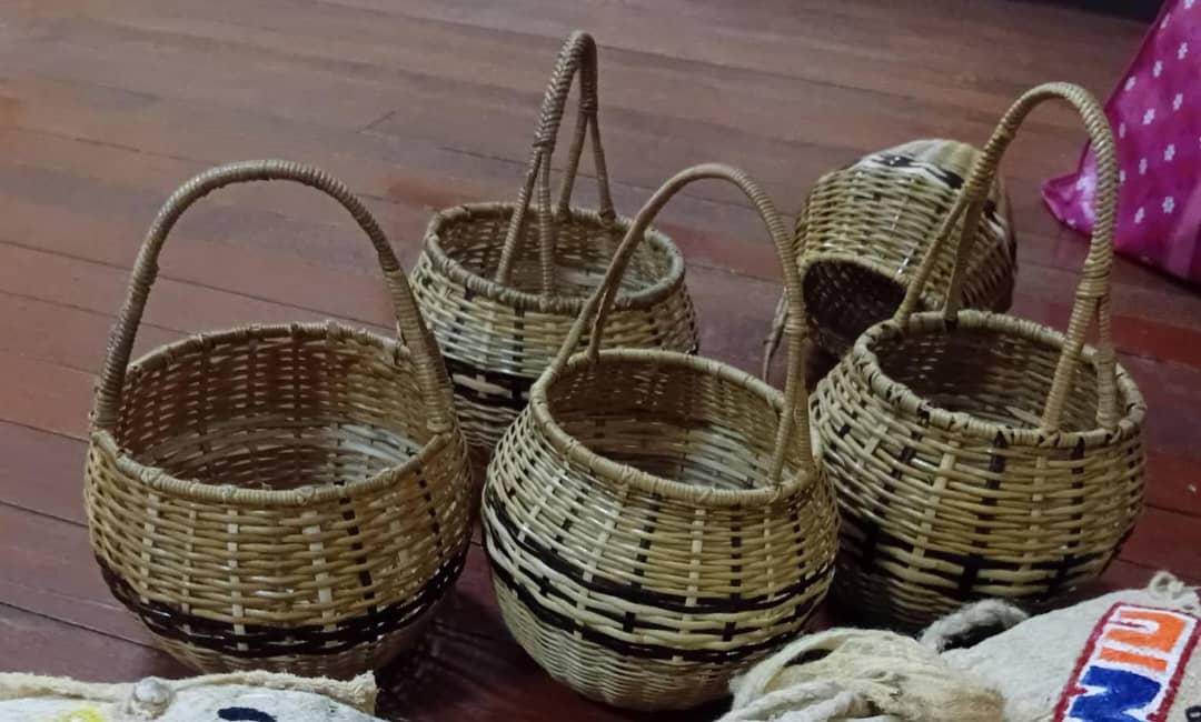 Round cane baskets.